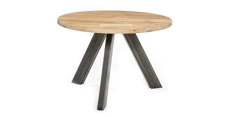 Goede Eiken tafel rond - 6 dik - metalen onderstel 3 poot LB-96