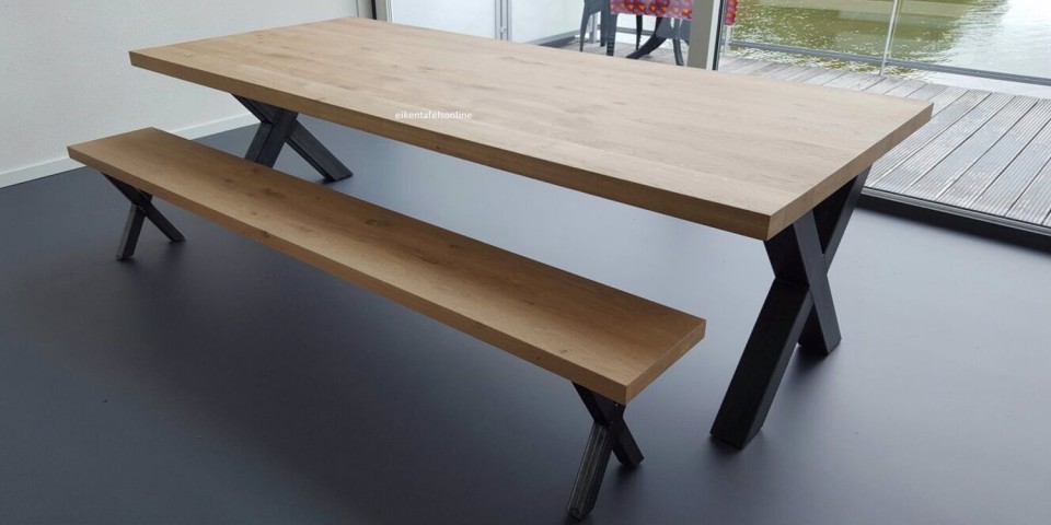 Eiken bank - 4,5 cm dik - metalen H onderstel