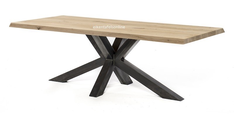 Eiken boomstamtafel - 4,5 dik - metalen onderstel Matrix poot 10x10 cm