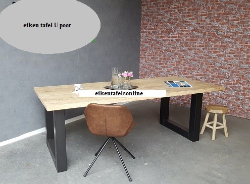 Eiken boomstamtafel - 4 cm dik - metalen U onderstel