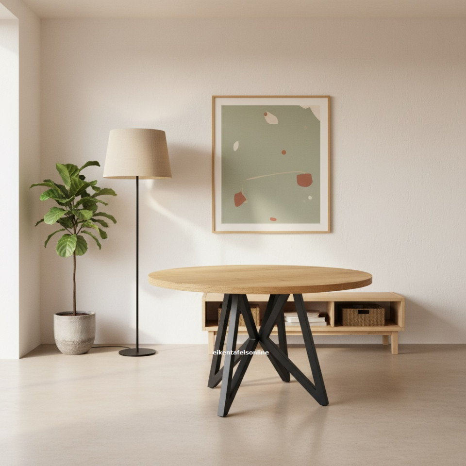 Eiken tafel rond - 4 cm dik - metalen driehoek