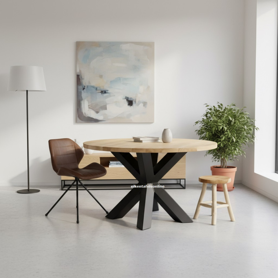 Eiken tafel rond - 4 cm dik - metalen Middenpoot 10x10 cm