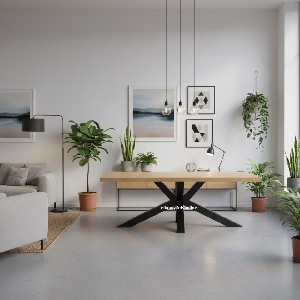 Eiken tafel - 4 cm dik - metalen Matrix onderstel 