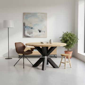 Eiken tafel rond - 4 cm dik - metalen Middenpoot 10x10 cm