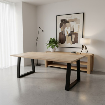 Eiken tafel - 4 cm dik - metalen trapezium onderstel